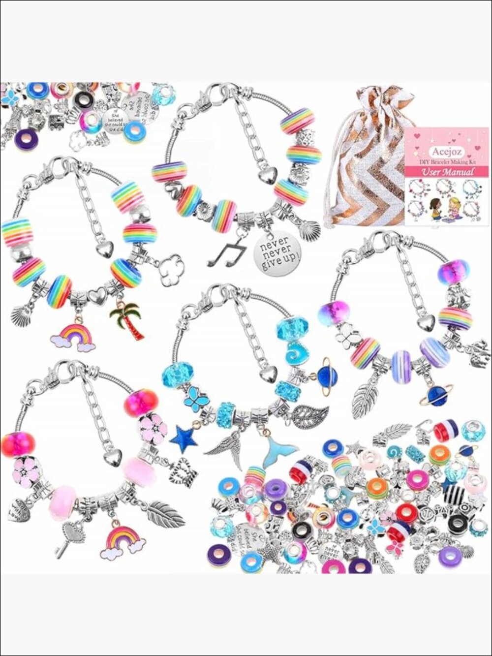 DIY Charm Bracelet Making Kit with 85 Pieces, Adjustable Snake Chain